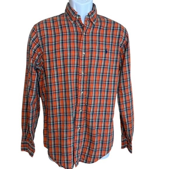 Ralph Lauren Button Down Dress Shirt Medium Classic Fit Orange Blue Plaid Preppy - Picture 1 of 8